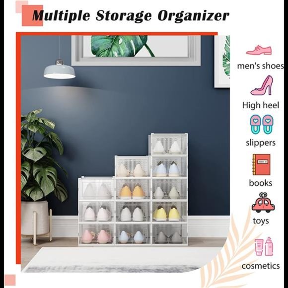 12 Pack Clear Plastic Stackable Shoe Boxes, Drop Front Shoe Organizer for Closet - Picture 6 of 6